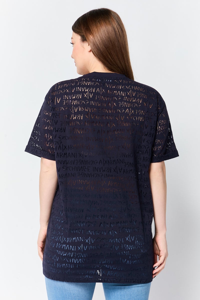 armani AX Armani Exchange Women Crew Neck Eyelet Short Sleeve Top, Navy - Image 4